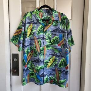 On Shore Hawaiian Surf Board Palm Tree Print Casual Button Down Shirt